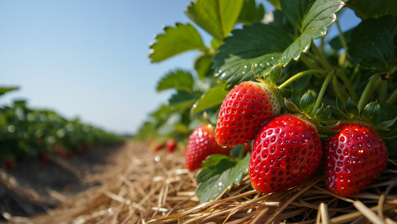 Свіжа полуниця на грядці під мульчею