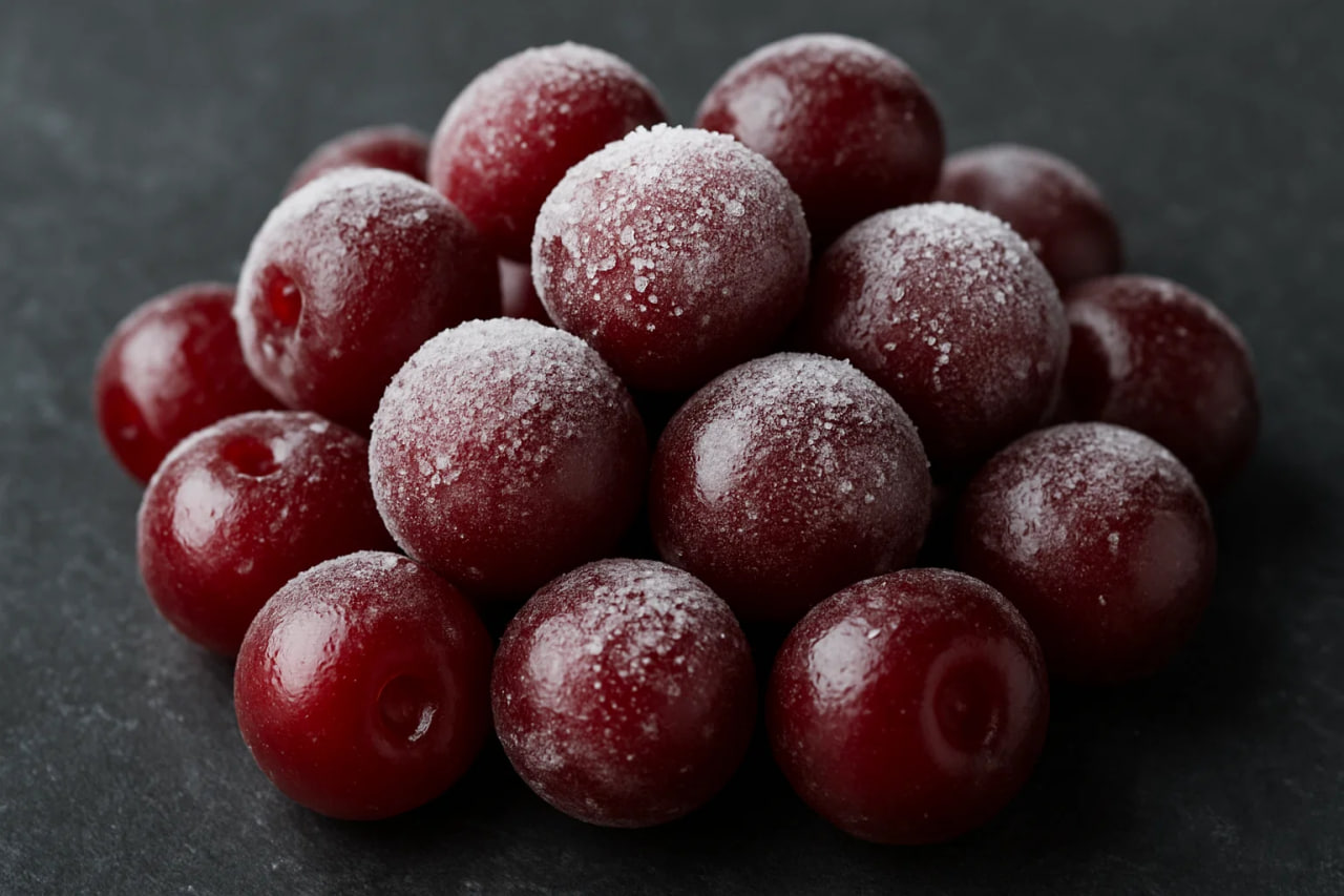 Заморожена вишня IQF на чорному фоні